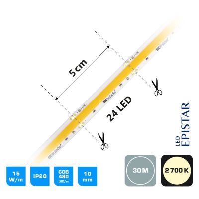 LED psek COB, 15W, IP20, 2700 K, bl, 24V, 10mm, 30m