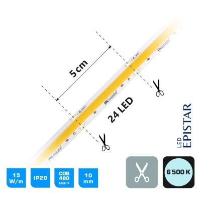 LED psek COB, 15W, IP20, 6500 K, bl, 24V, 10mm, metr