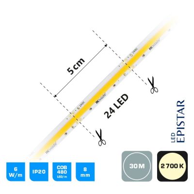 LED psek COB,  6W, IP20, 2700 K, bl, 24V, 8mm, 30m